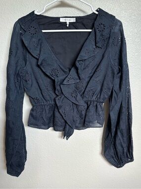 Frame Denim Navy Eyelet Ruffle Wrap Top
